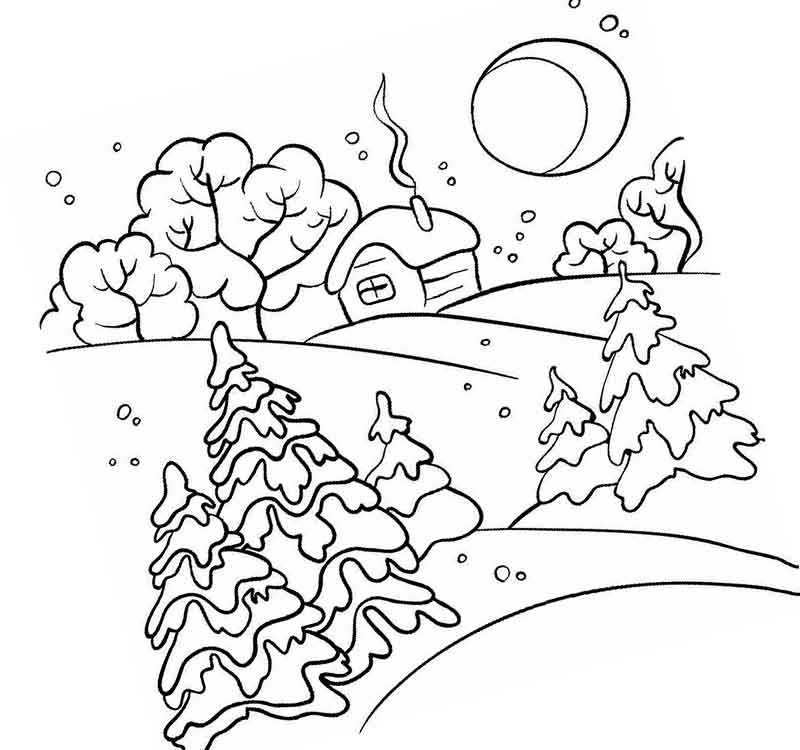зимний лес и дом в снегу