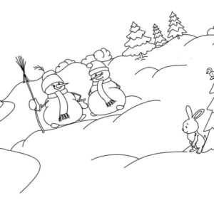 зимний лес зайчик и два снеговика